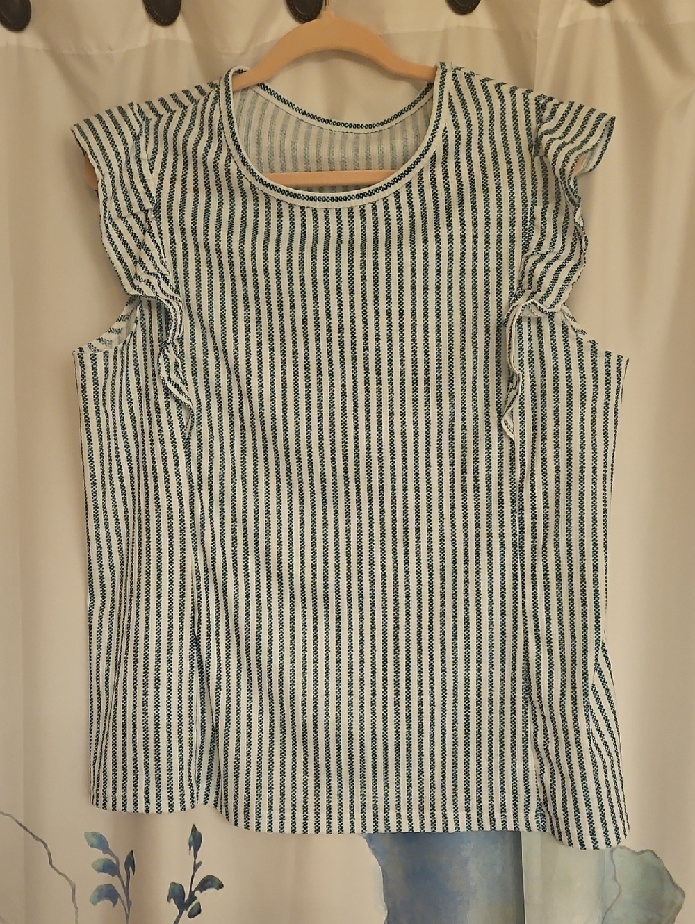 Amazon White and Green Vertical Stripe Ruffle Sleeve Top Never Worn